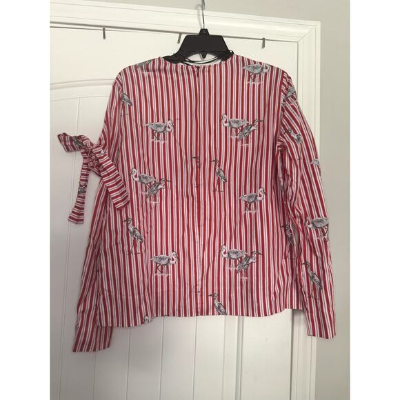 Red Vertical Striped w/Heron Bird Print Bow by Zara Womens Long Sleeve Blouse L - Picture 8 of 13